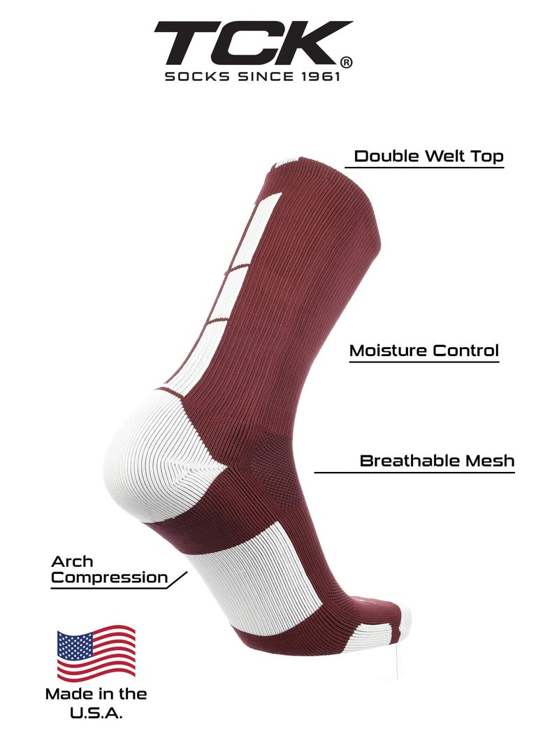 TCK Maroon Basketball Socks Boys Girls Youth Kids Womens Mens Basketball Socks Football, Baseline Crew (Maroon - White, Large) - Maroon/White,Medium - Image 3